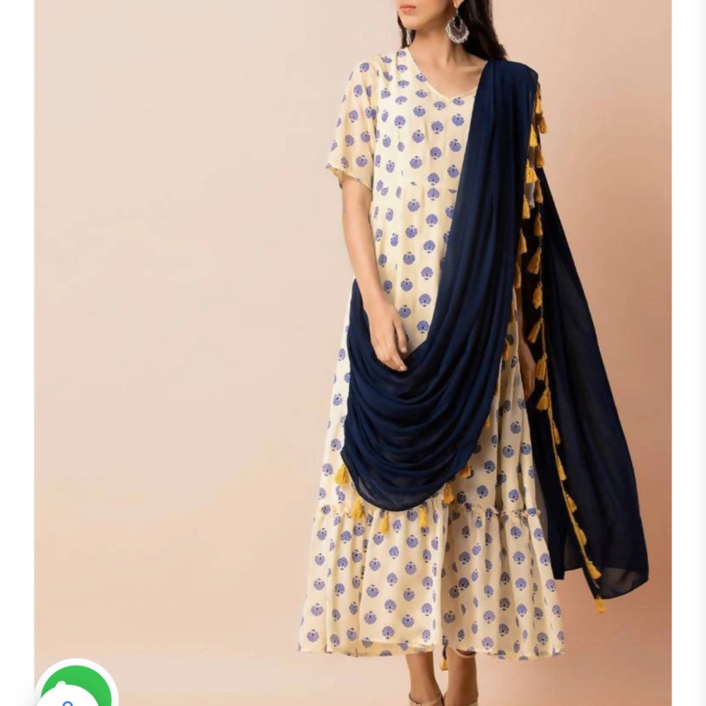 Elegant Cream and Blue Printed Dress with Dupatta